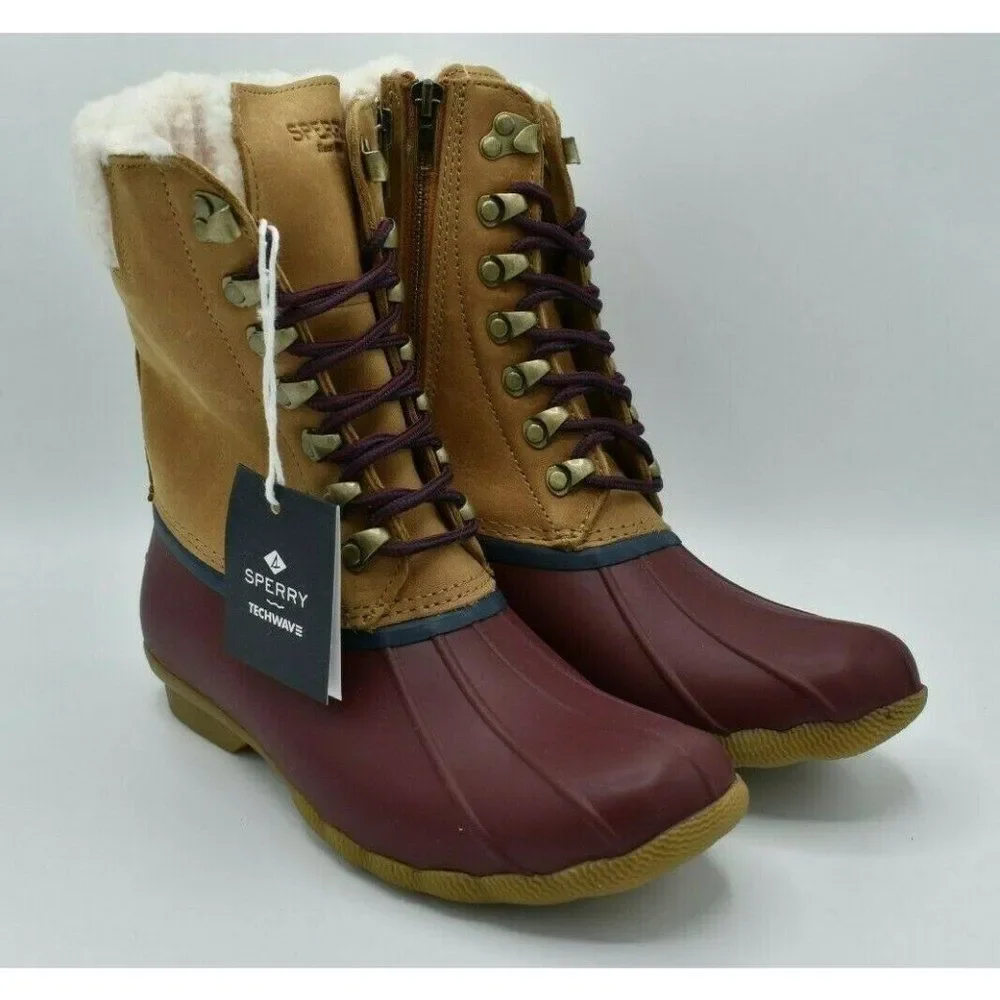 NWB Sperry Womens Size 7 M Saltwater Tall Leather Cozy‎ Tan Duck Boots STS85401